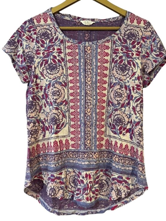 Lucky Brand Tops - Lucky Brand Boho Floral Border Print Blouse Purple Short Sleeve Top